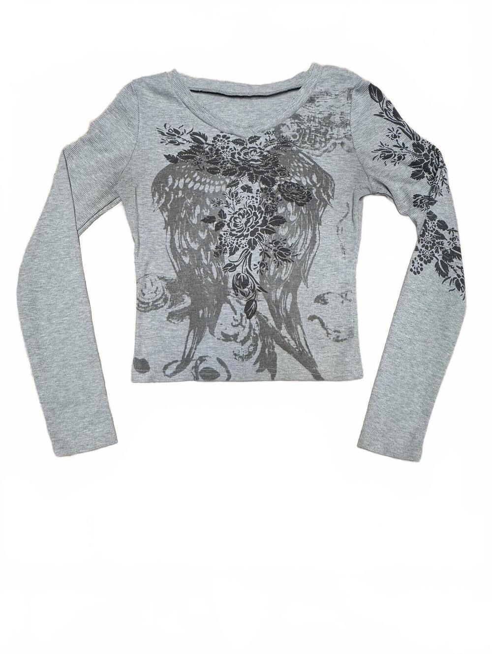 No Boundaries Grey Thermal Knit Graphic Top Y2K Cyber Grunge Fairycore Size M